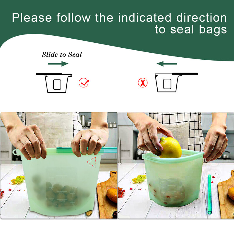 Bolsa de silicona reutilizable para almacenamiento de alimentos frescos, bolsa organizadora de cocina, con cierre de silicona, a prueba de fugas, 6 uds.