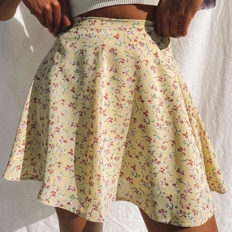 Lady Skirt Floral Printed Above Knee Women Large Hemline Washable High Waist A-line Skirt for Party