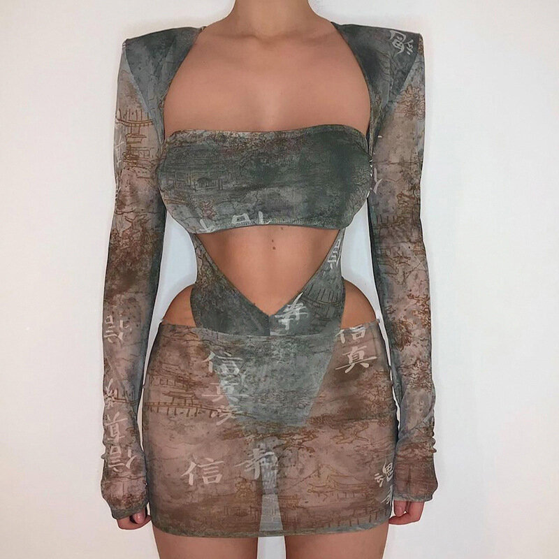 Adogirl Y2K Print Two Piece Set Women Sexy Strapless Long Sleeve Bodysuit Top See Through Mesh Pants Skirts Fashion Club Suits