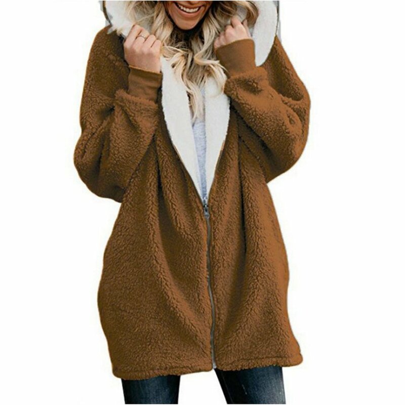 Sweter Panjang Menengah Bertudung Kulit Domba Wanita Musim Gugur dan Musim Dingin Plus Mantel Mewah Nyaman untuk Wanita Musim Dingin