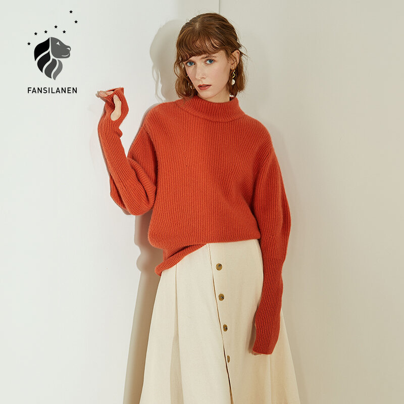 FANSILANEN-suéter de punto Retro naranja para mujer, jersey de manga larga con cuello alto, prendas de punto de gran tamaño para Otoño e Invierno