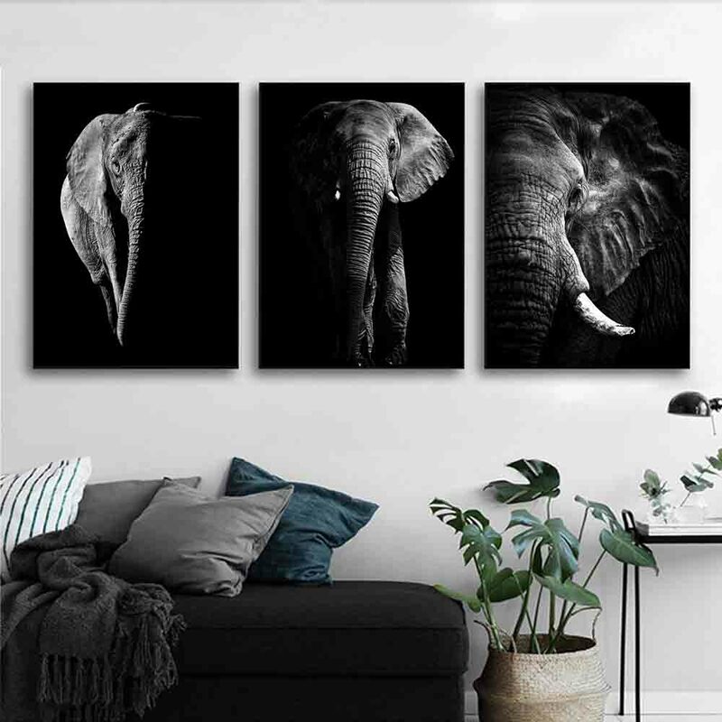 Pintura en lienzo de Animal, póster de elefante en blanco y negro, pintura de pared para oficina, sala de estar, pasillo, decoración del hogar, mural