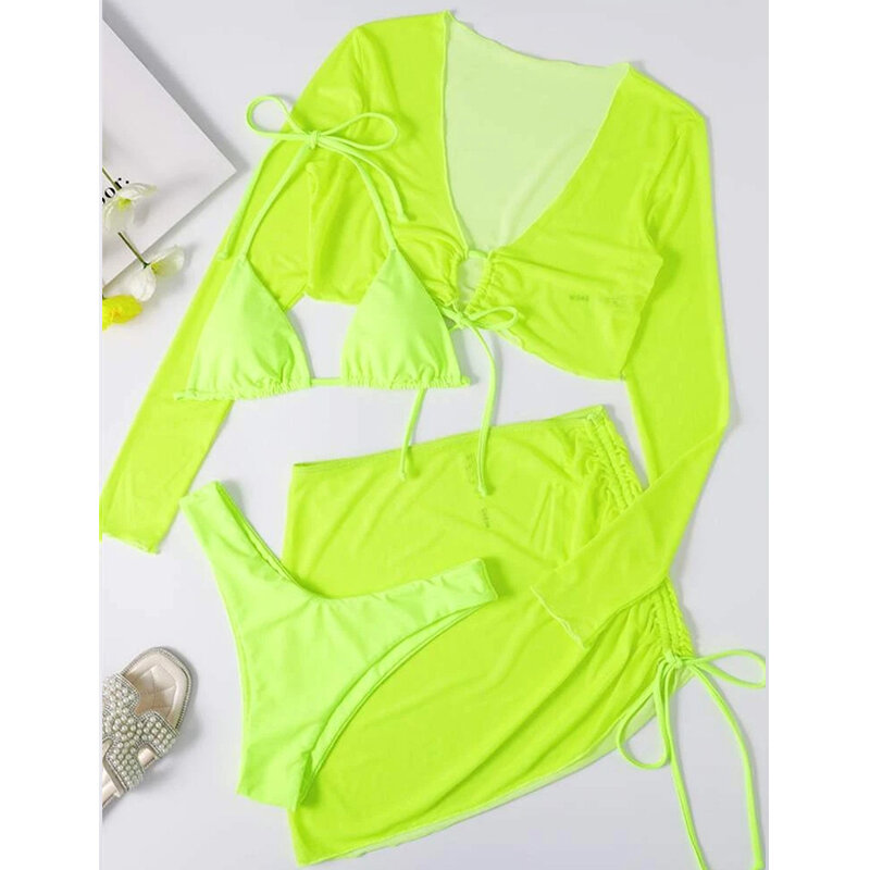 Mossha-conjunto de Bikini liso para mujer, traje de baño de 3 piezas con falda de malla, estilo halter, 2022