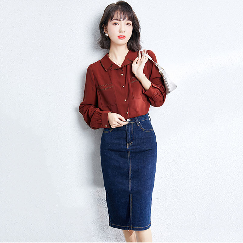 New Spring Vintage Turn-Down Collar Chiffon Blouse Women Fashion Red Long Sleeve Office Lady Shirts Tops women 2021