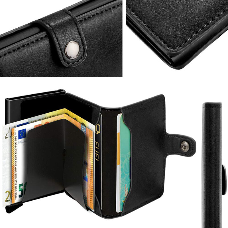 Nome personalizado caixa de alumínio caso carteira titular do cartão de crédito rfid bloqueando carteiras carteira de couro dos homens de negócios