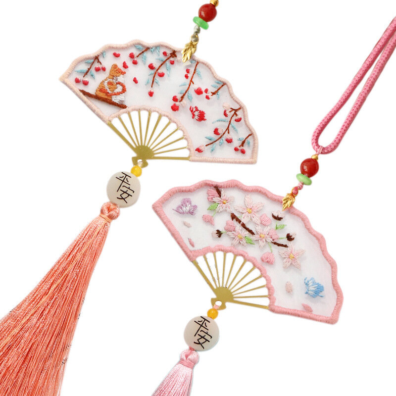 Marcapáginas con forma de abanico para manualidades, marcapáginas de regalo hecho a mano con bordado de aguja y flores chinas