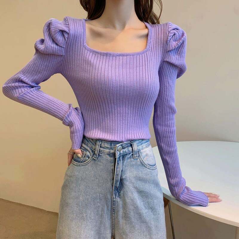 Women's Knitted Pullover stripe Square-neck Puffed Sleeves Striated Pleated Tops Wholesale Spring Autumn New Lady Clothes