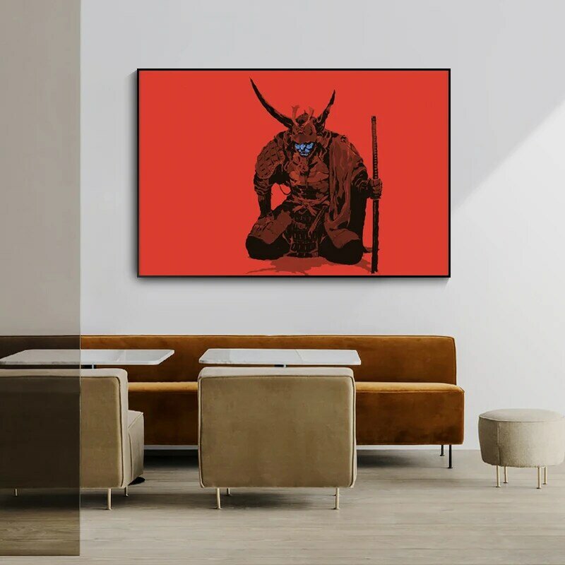 Japanese Ukiyoe Canvas Poster Samurai Wall Art Picture Print with Blue Face Katana for Living Room Home Decoration Frameless