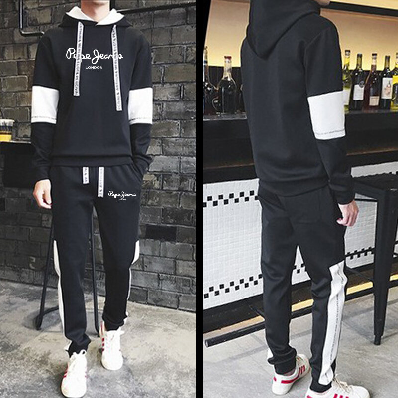 Men's Pepe Print Tracksuit Warm Letter Printing Casual Long Sleeve Hoodie Oversize Sweater Top and Sweatpant Tracksuit Outfit
