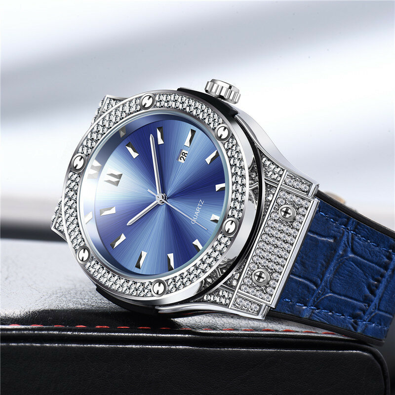 Часы наручные мужские кварцевые с бриллиантами, брендовые Роскошные модные деловые Водонепроницаемые Синие