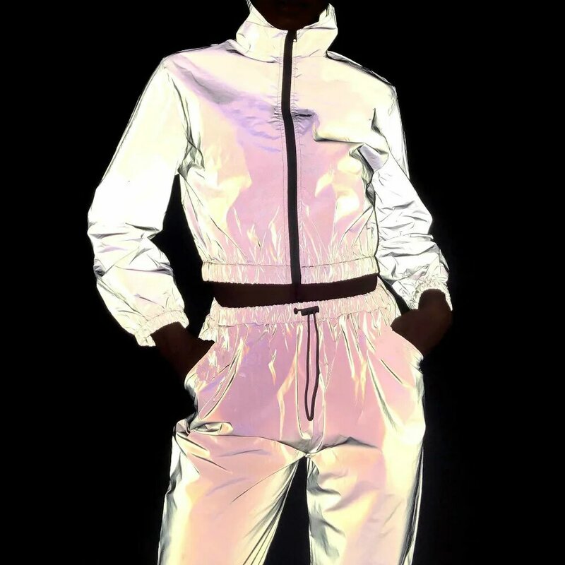 Kobiety dres 2 sztuka zestaw Hip Hop odblaskowe krótki Top spodnie moda kobiet luźna kurtka z zamkiem płaszcz pasujące zestawy Plus rozmiar
