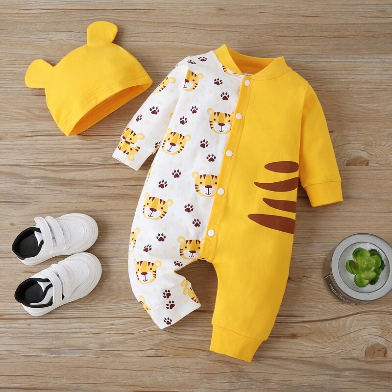 Bayi Baru Lahir Bayi Laki-laki Baju Monyet 2Pcs Set Katun Lucu Kartun Hewan Tiger Patchwork Single Breasted Lengan Panjang Bayi Jumpsuit + topi 0-18M