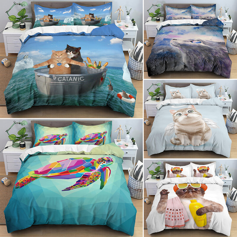 Shower Kitten Printed Bedding Set Funny Pet Cats Dog Duvet Cover Set For Girl Twin Sizes With Pillowcase Home Bedclothes