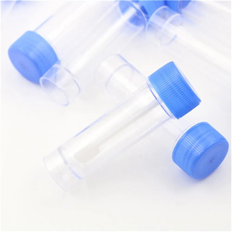10pcs 30ml sgabello tubo urina bottiglia di plastica con il cucchiaio trasparente campione di prova contenitore blu tappo a vite all'ingrosso