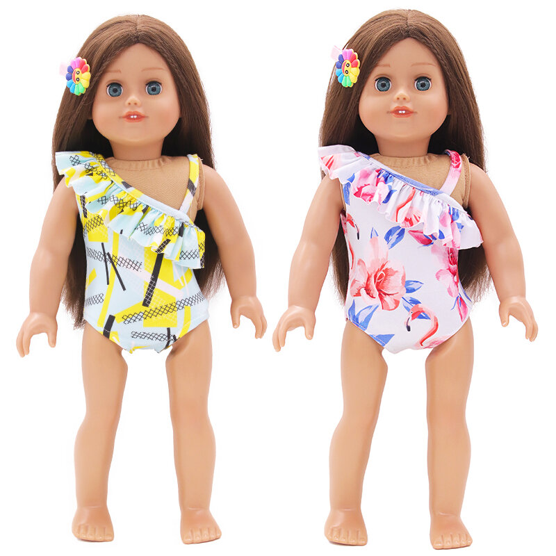 Roupa de boneca traje de banho + grampo de cabelo encaixe 43cm, nova boneca baby doll flamingo traje de banho geométrico para bonecas de 18 polegadas e sua geração