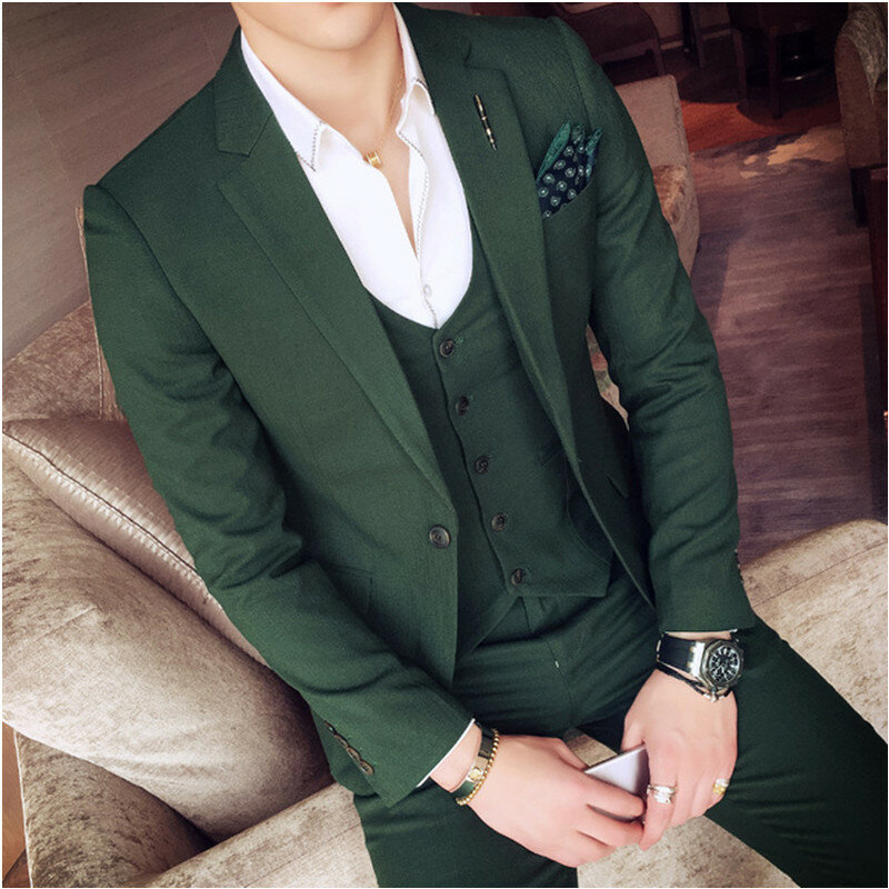 Conjunto de traje verde oscuro para hombre, traje de fiesta elegante, esmoquin de boda, chaqueta, pantalones y chaleco, 2021