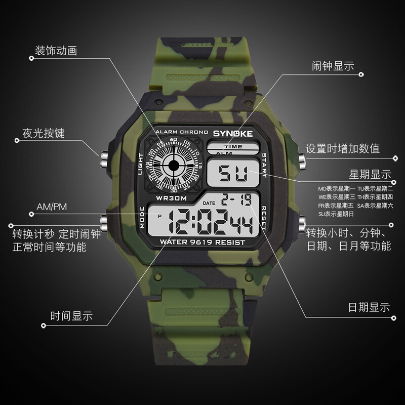 SYNOKE zegarki dla dzieci wojskowy wodoodporny Luminous wielofunkcyjny kamuflaż Sport studenci zegarki na rękę prezenty dla dzieci Relogio