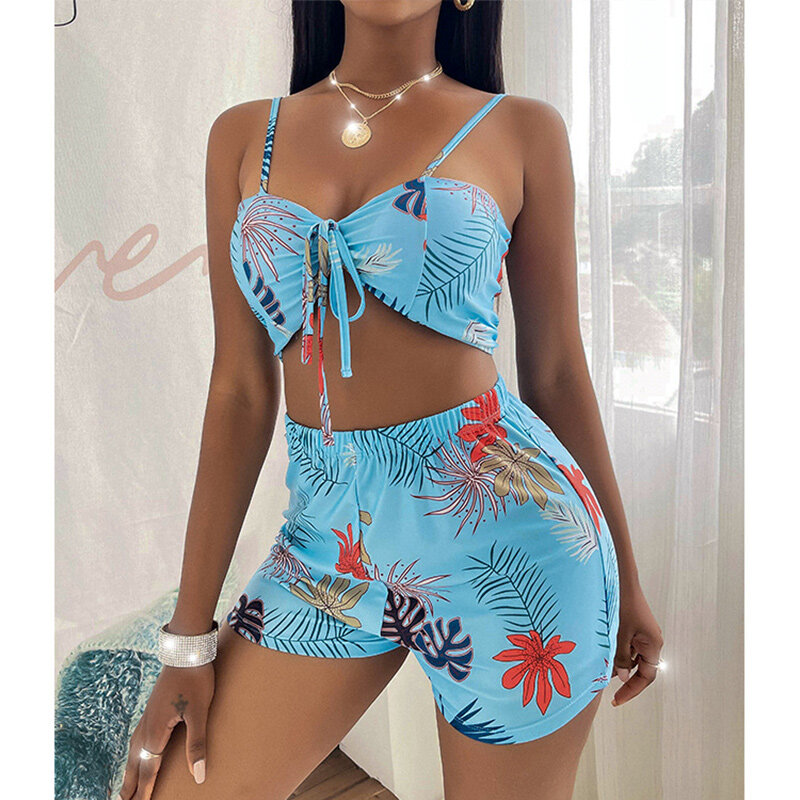 Traje de baño de 3 piezas para mujer, Bañador estampado de hojas, conjunto de Bikini envolvente de cintura alta, ropa de playa Sarong