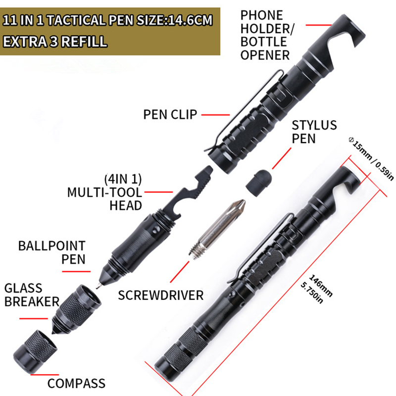 Bolígrafo táctico multifuncional, soporte para teléfono móvil, bolígrafo táctico de autodefensa Lápiz de pantalla táctil herramienta de supervivencia al aire libre con brújula