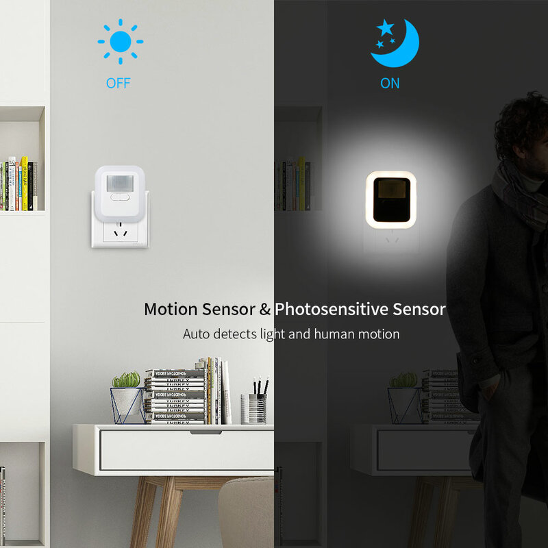 Lámpara LED con Sensor de movimiento enchufable, luz nocturna de pared con brillo, 30s/60s/90s/120s, tiempo de iluminación ajustable para sala de estar