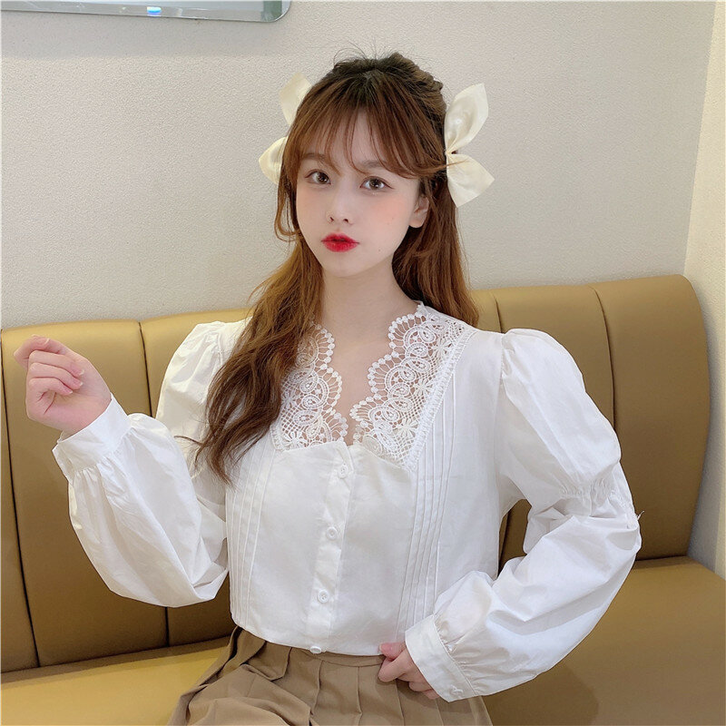 Blusa holgada de algodón con cuello en V para mujer, camisa de manga larga color liso con encaje cosido para chica joven, color blanco, 880D