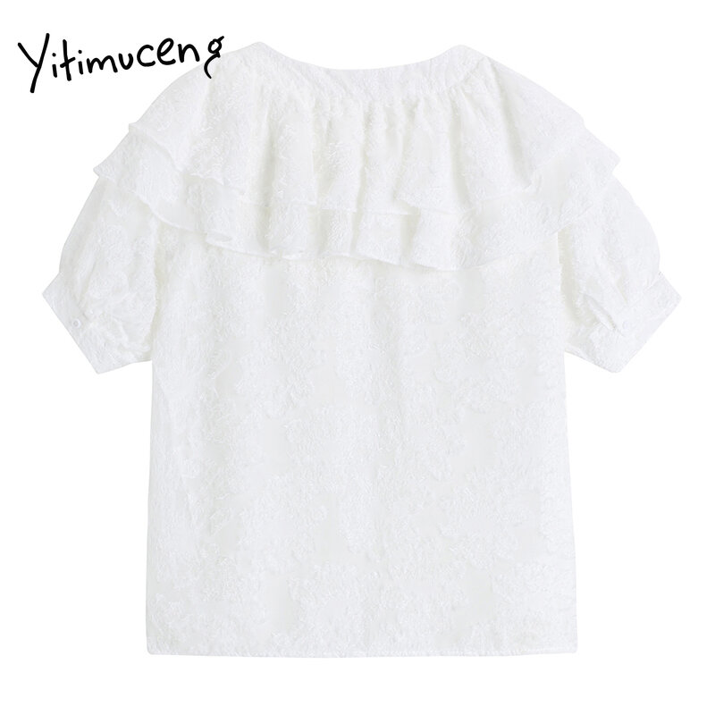 Yitimuceng floral blusa feminina botão para cima babados rendas camisas puff manga branca roupas 2021 verão moda nova chiffon topos