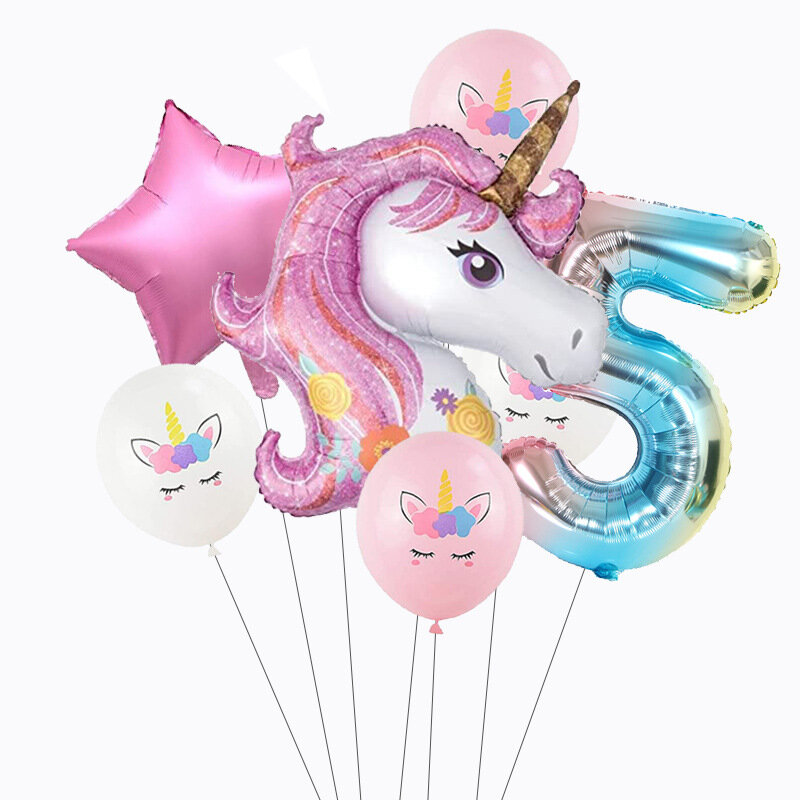 7 Pçs/set Rainbow Unicorn Unicórnio 32 polegada Número Balão Foil Balões de Festa de Aniversário Decoração Do Partido Dos Miúdos Do Bebê Chuveiro de Ar Globos