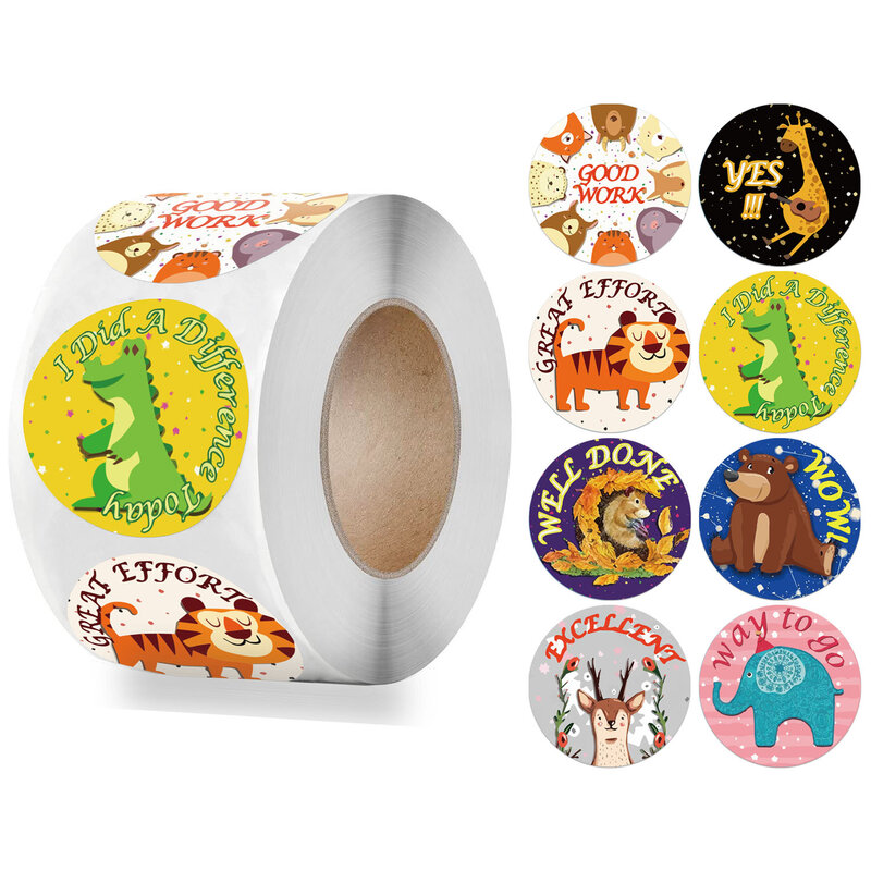 500 sztuk/rolka zwierzęta kreskówkowe naklejki dla dzieci zachęcaj plomby do etykiet okrągłe papierowe artykuły szkolne dla nauczycieli dziecko naklejka używana jako nagroda
