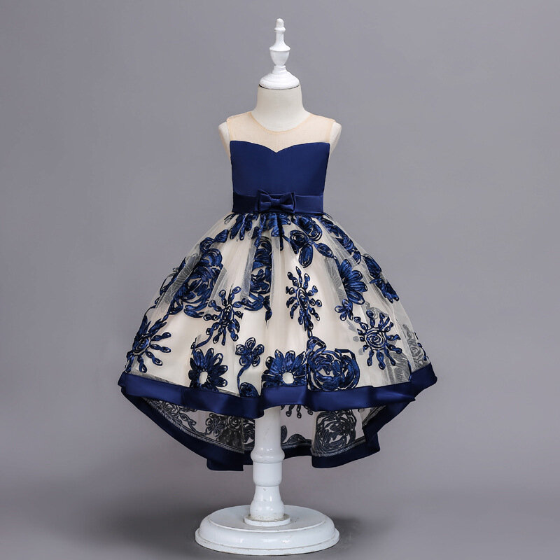 Flower Girls Dress Illusion Sleeveless Bow Lace Dark Blue Tulle Crystal O-Neck Knee-Length Luxury Kids Party Princess Gown F092