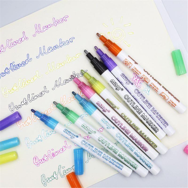 8 sztuk samoprzylepne metalowe markery podwójna linia długopis bujiet JournaI długopisy i kolorowe mazak permanentny długopisy dla dzieci dorośli amatorzy