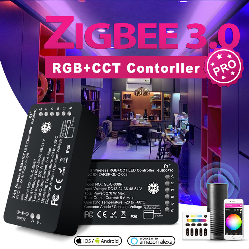 Gledopto – Zigbee 3.0 Pro contrôleur de bande lumineuse Led RGB + CCT, 2.4G RF, télécommande sans fil, domotique intelligente