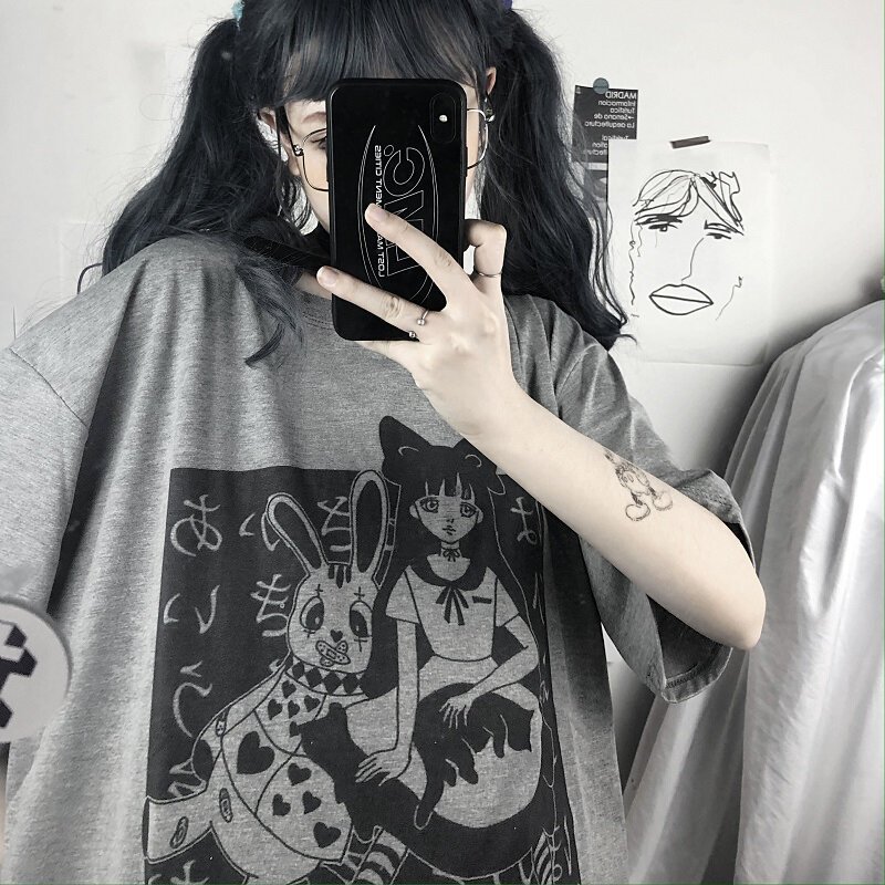 Kaus Harajuku Atasan Leher-o Lengan Pendek Kartun Punk Gothic Estetika Pakaian Jalan Longgar Musim Panas Dropshipping Wanita