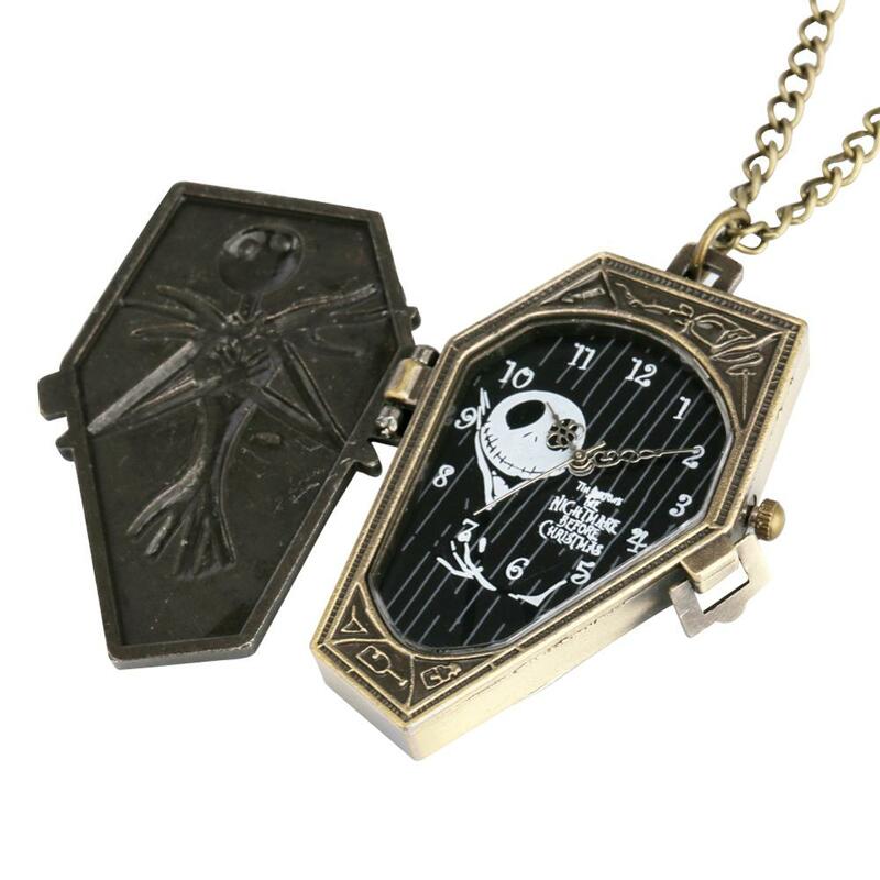 Reloj de bolsillo con forma de calavera y ataúd para hombre y mujer, pulsera de bronce con esfera negra, colgante, regalo