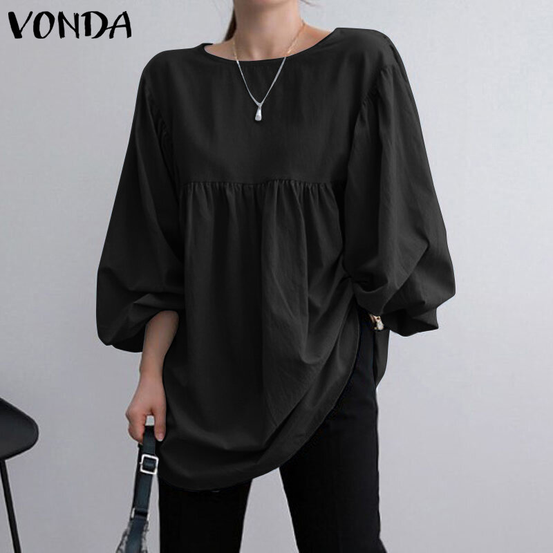 Women Casual Tunic Asymmetric Hem Solid Blouse 2021 VONDA Cotton Tops Vintage Long Sleeve Crew Neck Tops