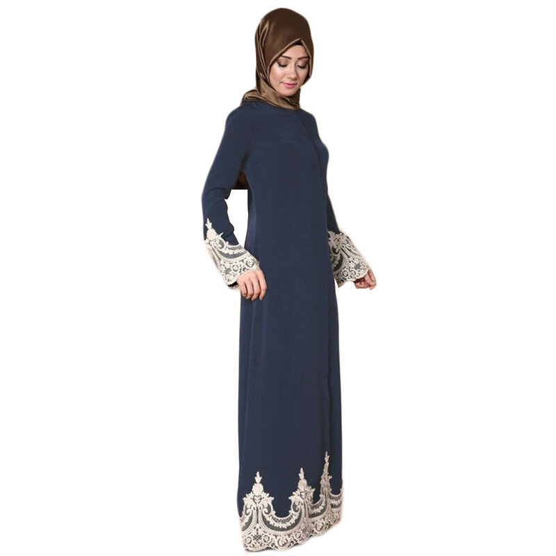 Женское длинное платье с длинным рукавом, однотонное платье в мусульманском стиле с длинными рукавами и кружевной пряжкой, 2021
