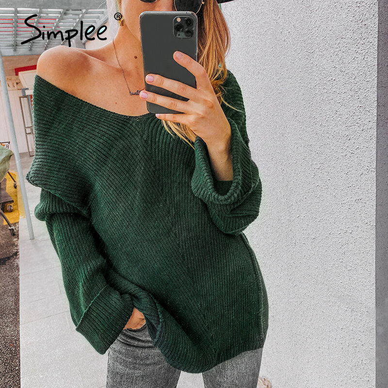 Simplee-suéter liso con cuello de pico para mujer, Jersey de punto de manga larga informal, estilo suelto, otoño e invierno, 2020