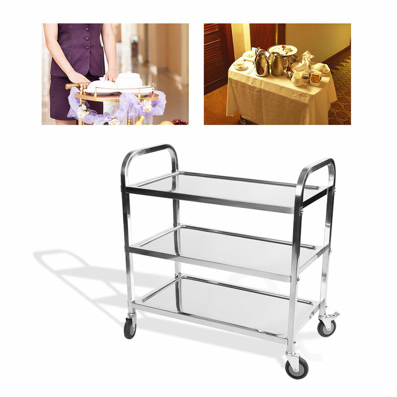 Stainless Steel Large 3 Tier Hotel Catering Trolley Restaurant Cart Serving Clearing with Brake Hand Tools 100Kg Bearing/Layer