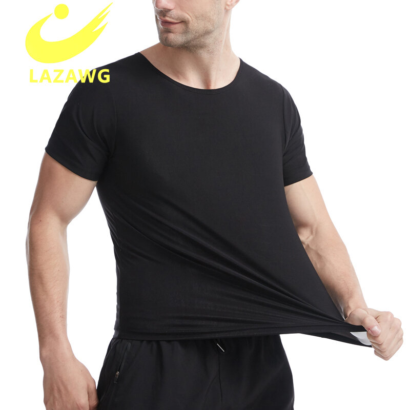 LAZAWG 땀이 셰이퍼 패션 짧은 소매 탑스 슬리밍 셔츠와 지퍼 사우나 조끼 Shapewear 남자 운동 Shapers 셔츠