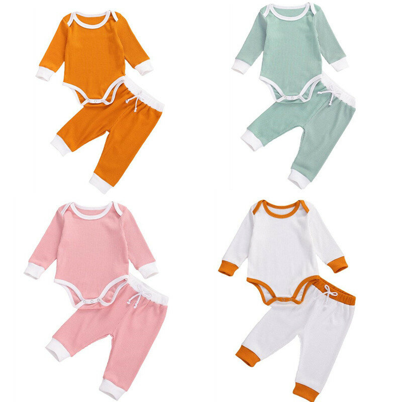 Conjunto de ropa de Otoño de 0 a 18M para recién nacidos, conjuntos de ropa para niñas y niños, Pelele de manga larga y pantalones sólidos, trajes de 2 uds., 2021