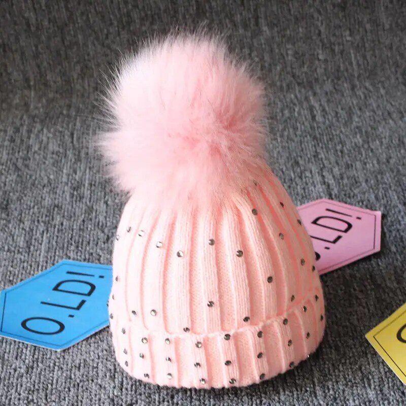 Шапка с вязаным помпоном для мальчиков и девочек, зимняя шапка, детская теплая меховая вязаная шапка с блестками, шапка на флисе для новорож...