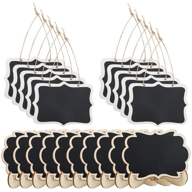 20 pacote mini retângulo quadro etiqueta, findtop pé suporte e pendurado giz quadro negro madeira pequena placa de mensagem