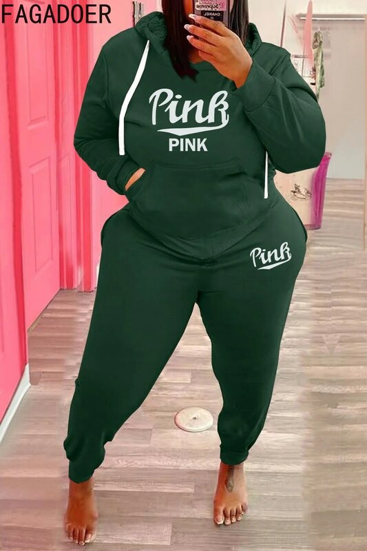 FAGADOER Plus Size PINK Letter Print Two Piece Sets XL-5XL Women Long Sleeve Hoodies Top+Jogger Pants Tracksuits Matching Outfit