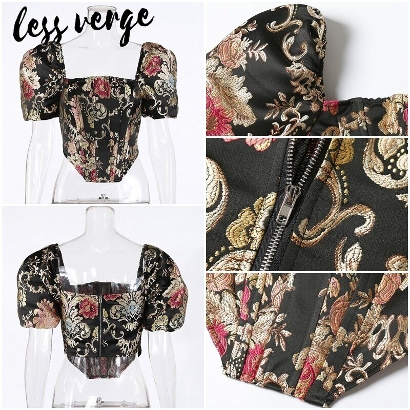 Lessverge, вышитая Цветочная Черная Женская блузка, элегантные блузки для вечерние, топы, сексуальный бюстье, корсет, укороченный топ
