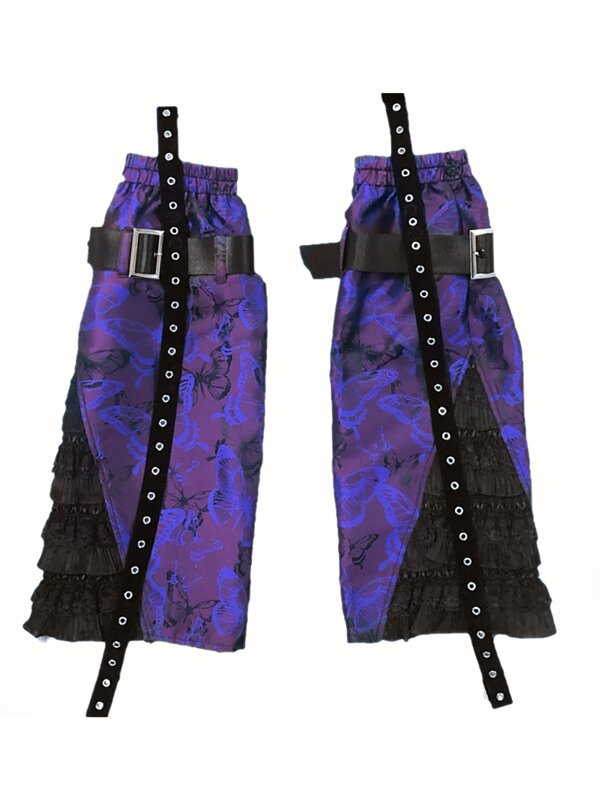 Design originale farfalla viola scaldamuscoli gotico giapponese con cuciture in pizzo Punk scuro calzino estivo al ginocchio