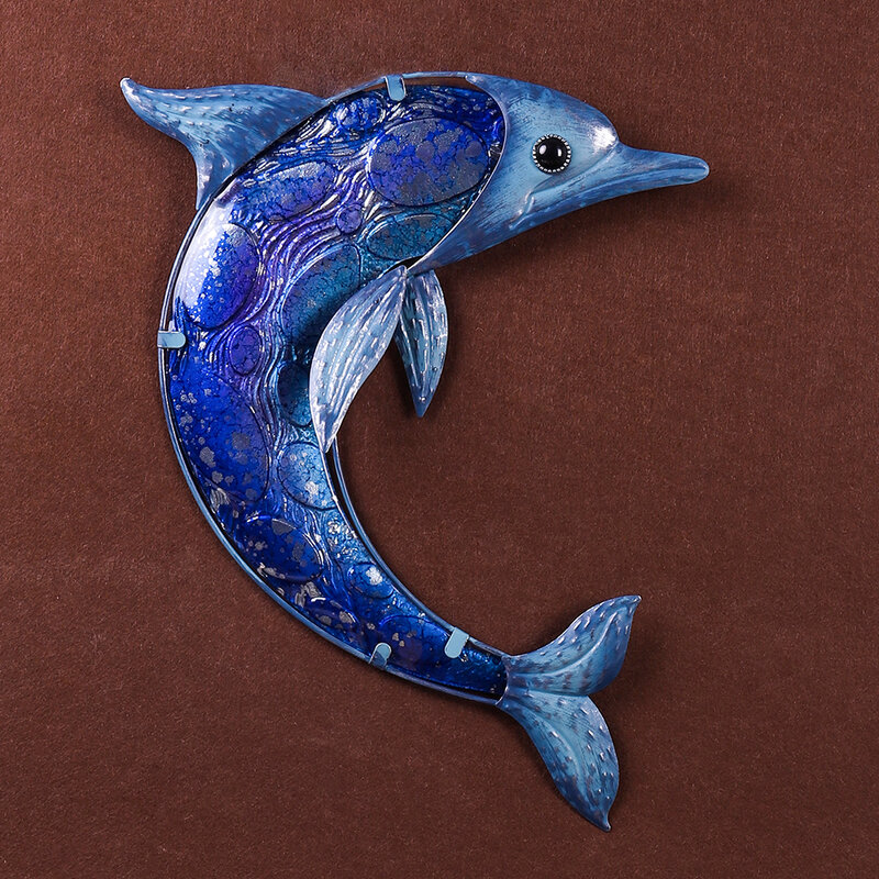 Садовое животное из металла, настенное изображение дельфина с синим стеклом для украшения сада, уличные статуи и скульптуры