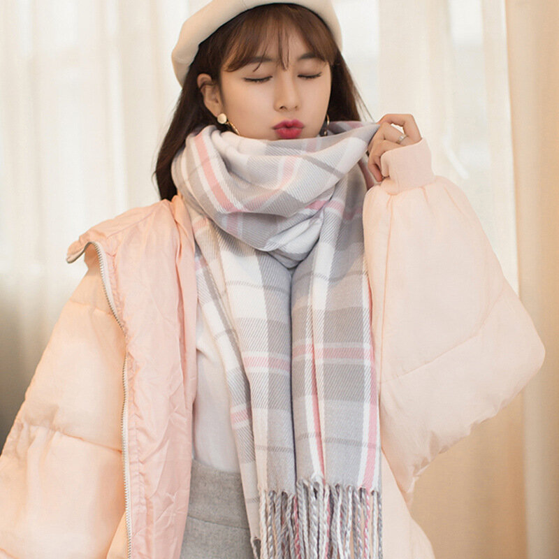 Coreano de luxo novo xadrez mulheres franjas xale atacado imitação cashmere calor inverno grosso bonito moda temperamento longo cachecol