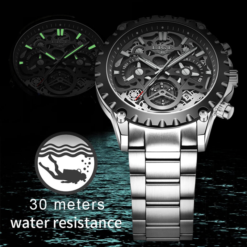 Часы наручные LIGE Мужские кварцевые, брендовые Роскошные модные спортивные водонепроницаемые стальные армейские в стиле милитари
