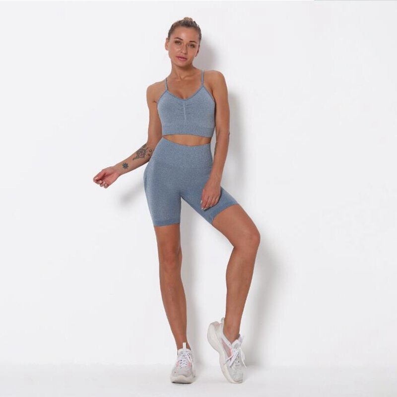 Conjunto de 2 peças de roupa esportiva sem costura, calças de ginástica com top e bermuda de cintura alta para exercícios de ioga, novo, 2021