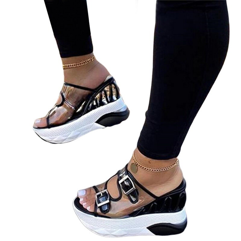 Sandálias femininas transparentes, sandálias plataforma para mulheres, casual, tira com fivela dupla, sapatos externos, verão, 2020