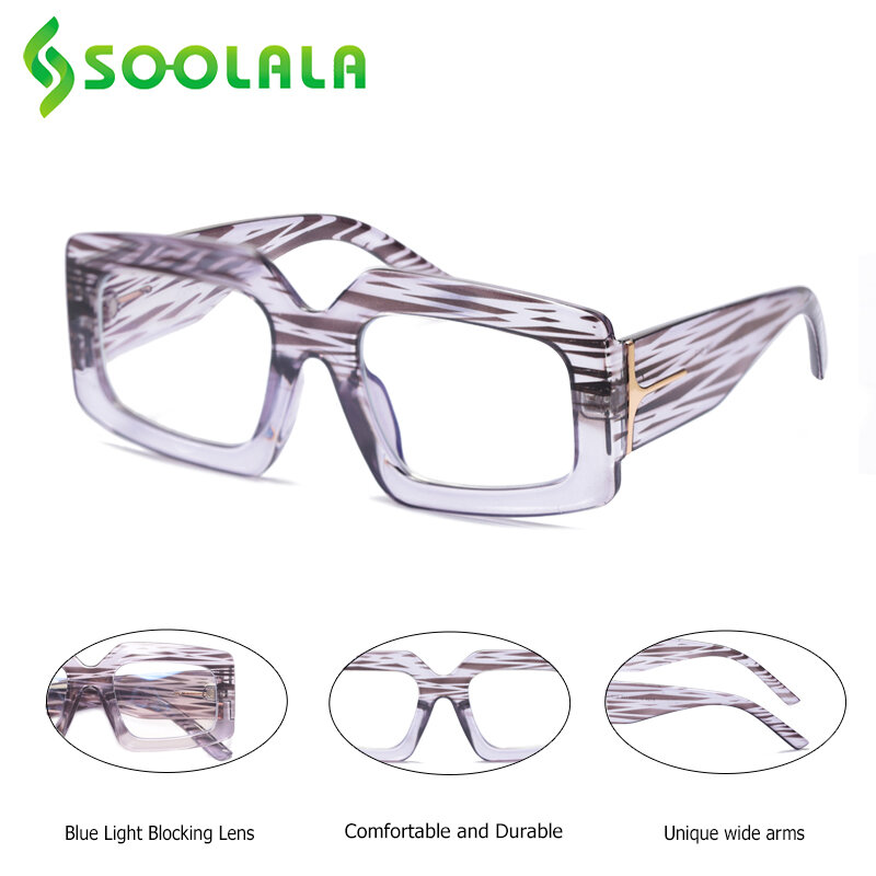 SOOLALA Rectangle Anti Blue Light Reading Glasses Women Full Frame Wide Arms Clear Lens Farsighted Reader Presbyopic Glasses